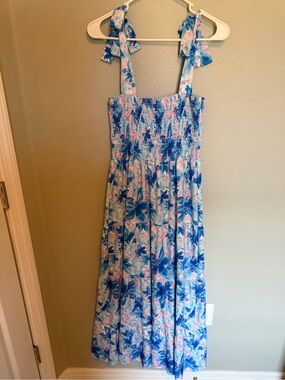 Amazon Blue and Pink Floral Smocked Tie-Shoulder Maxi Dress